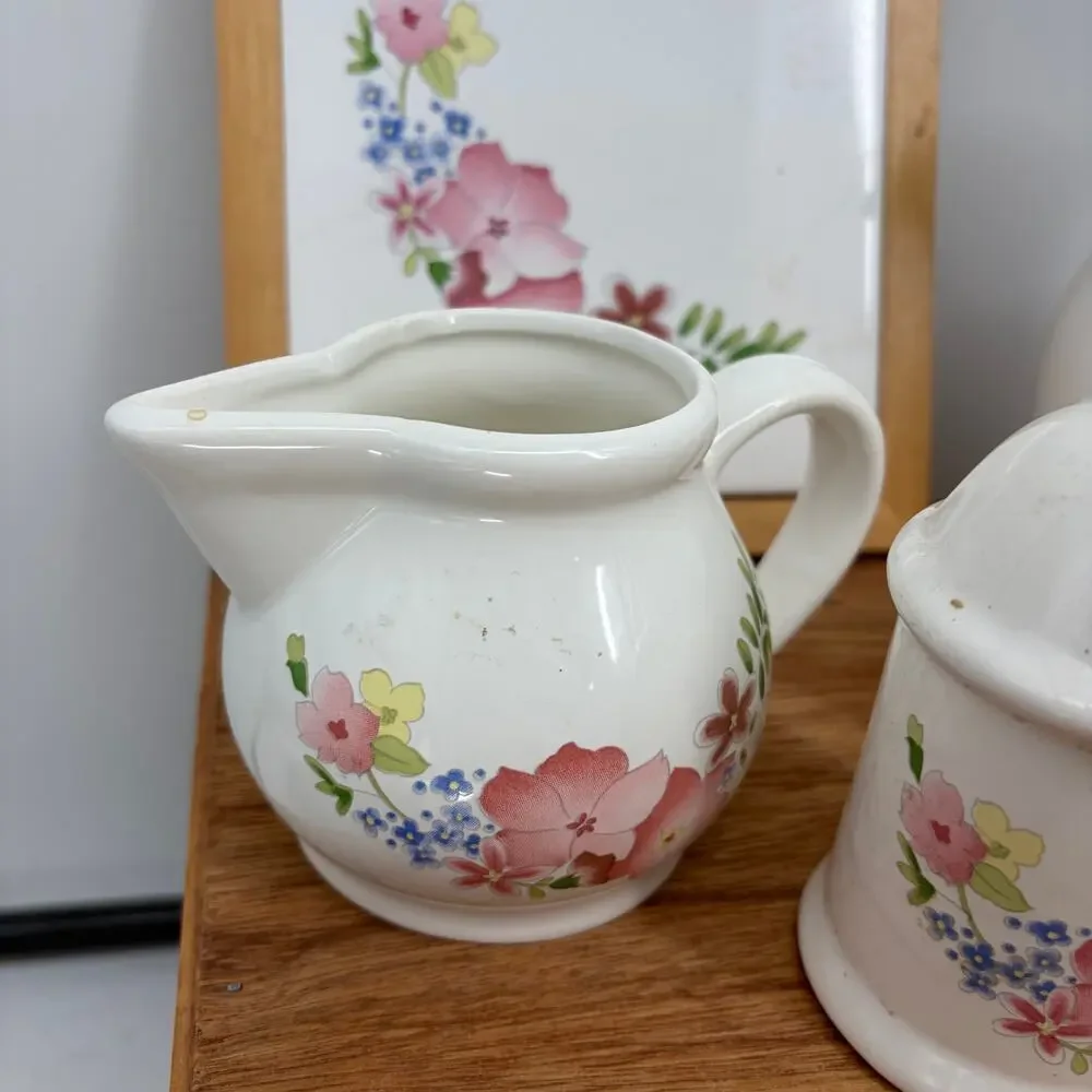 Vintage Ceramic 6-Piece Dish Floral Salt Pepper Shaker, Cream, Trivet, Sugar Set